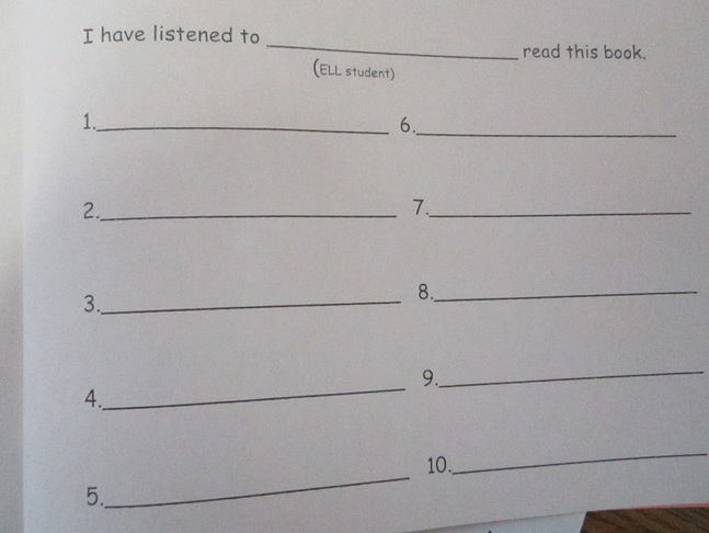 A picture of the sign in sheet at the end of the take-home books.  It's numbered 1-10 with black lines next to each number for the parent signature.