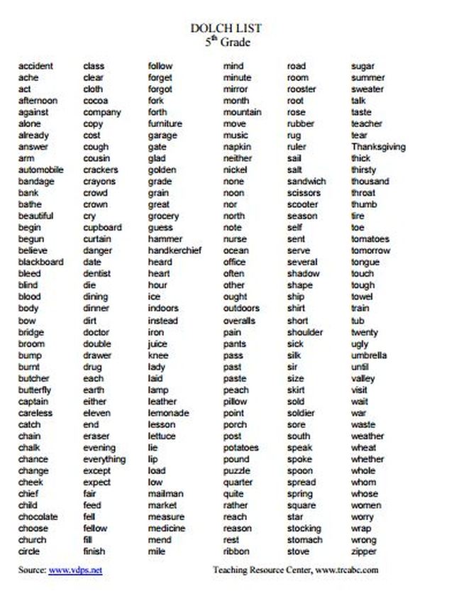 6th grade sight words dolch list